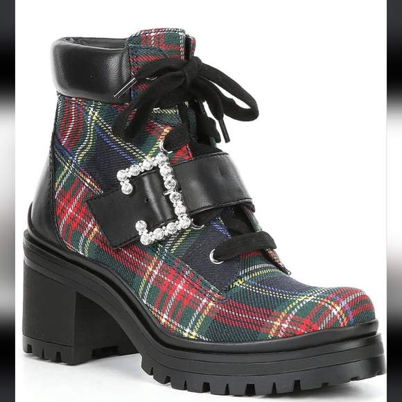 Gianni Bini Shoes - NWT Gianni Bini GB Pop-Star Plaid Rhinestone Buckle Lug Sole Booties